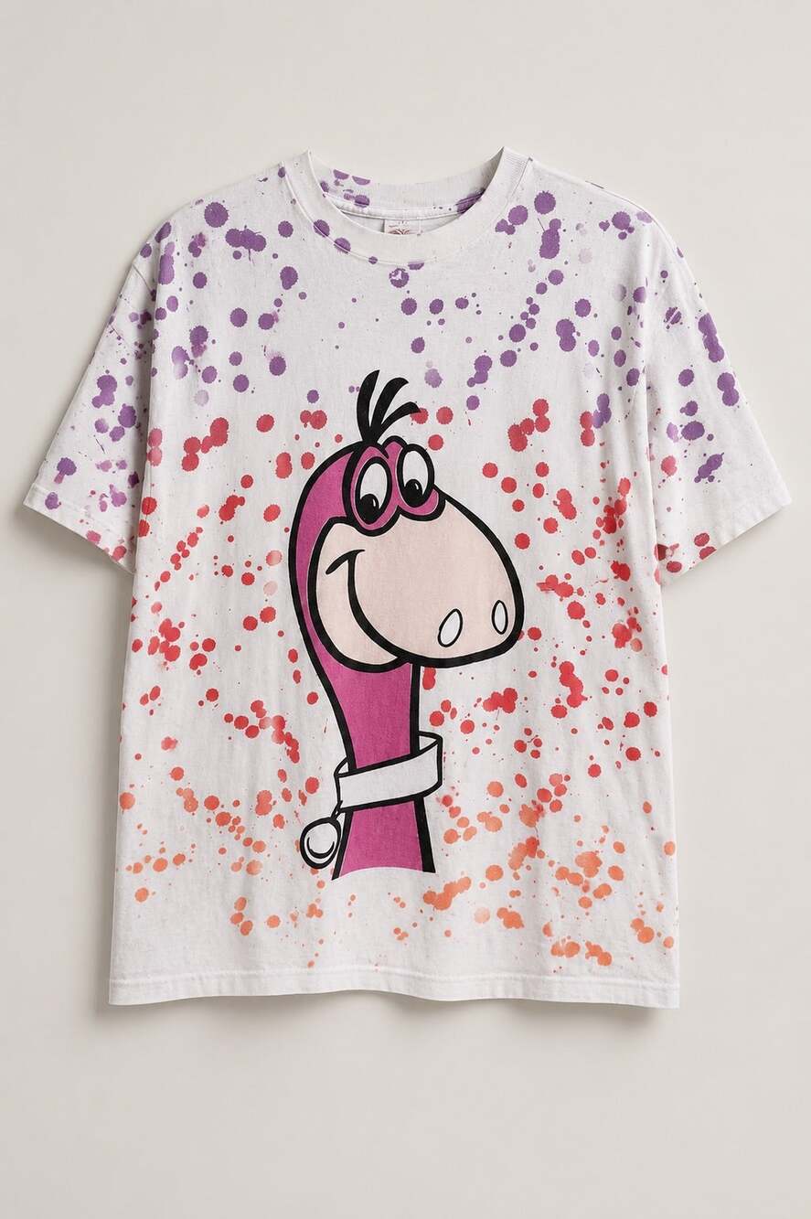 Vintage 1990 Flintstones Dino All Over Splatter Tee XL Single Stitch